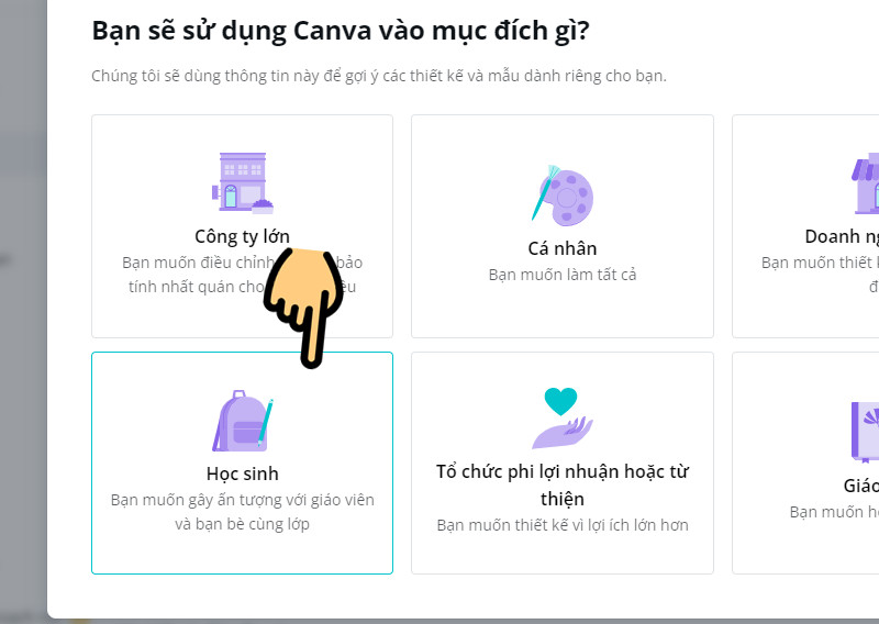 alt text: Chọn mục đích sử dụng Canva