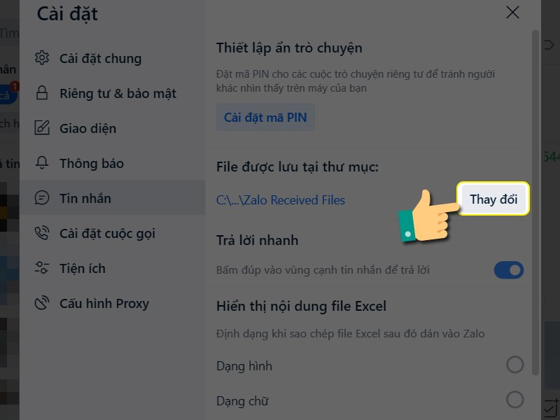 alt text: Chọn mục tin nhắn trong cài đặt Zalo