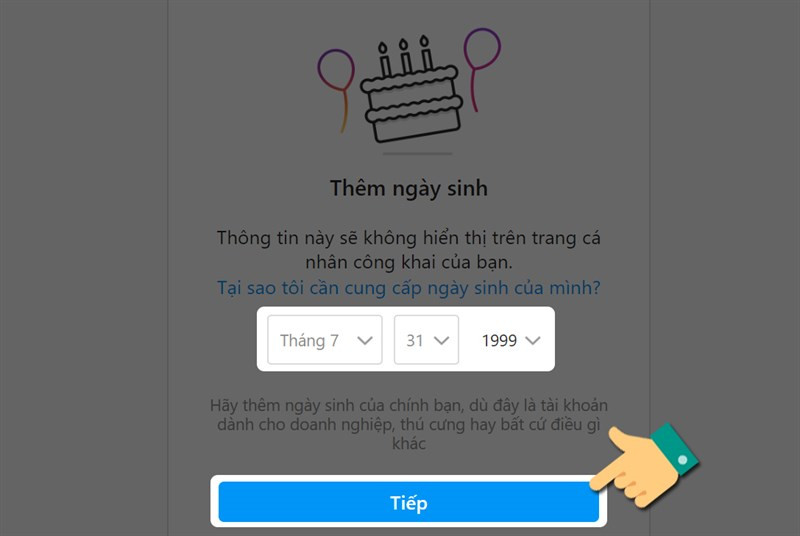 alt text: Chọn ngày tháng năm sinh trên Instagram máy tính