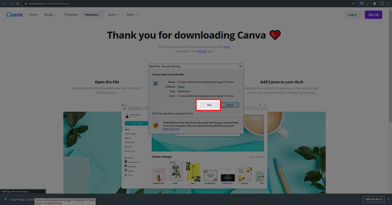 alt text: Chọn Run để cài đặt Canva