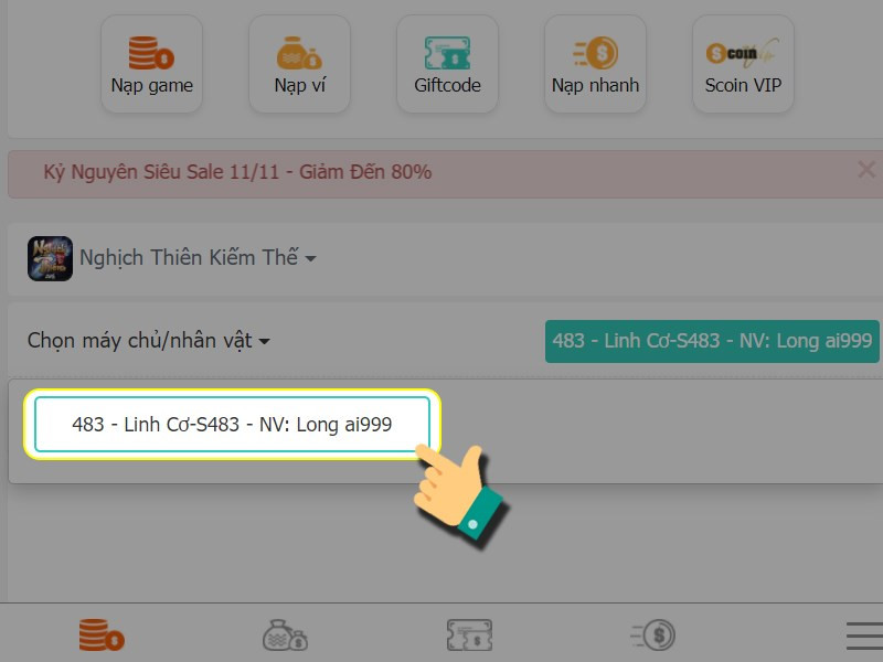 alt text: Chọn server và nhân vật trong Nghịch Thiên Kiếm Thế