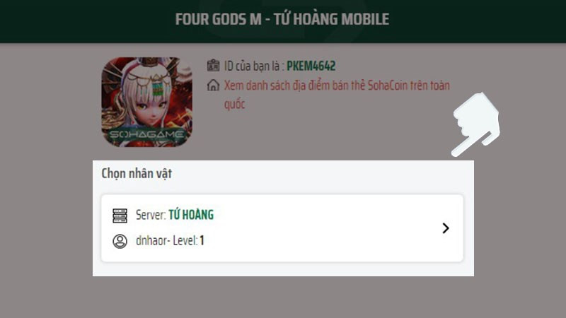 alt text: Chọn server và nhân vật Tứ Hoàng Mobile