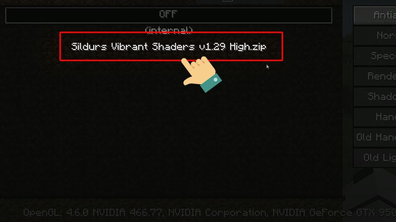 alt text: Chọn Shader Mod đã cài đặt trong Minecraft