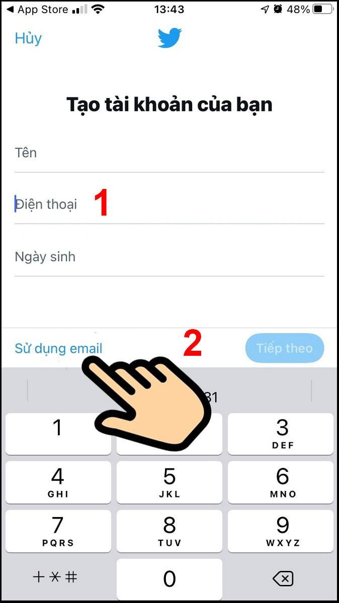 alt text: Chọn sử dụng email thay vì số điện thoại