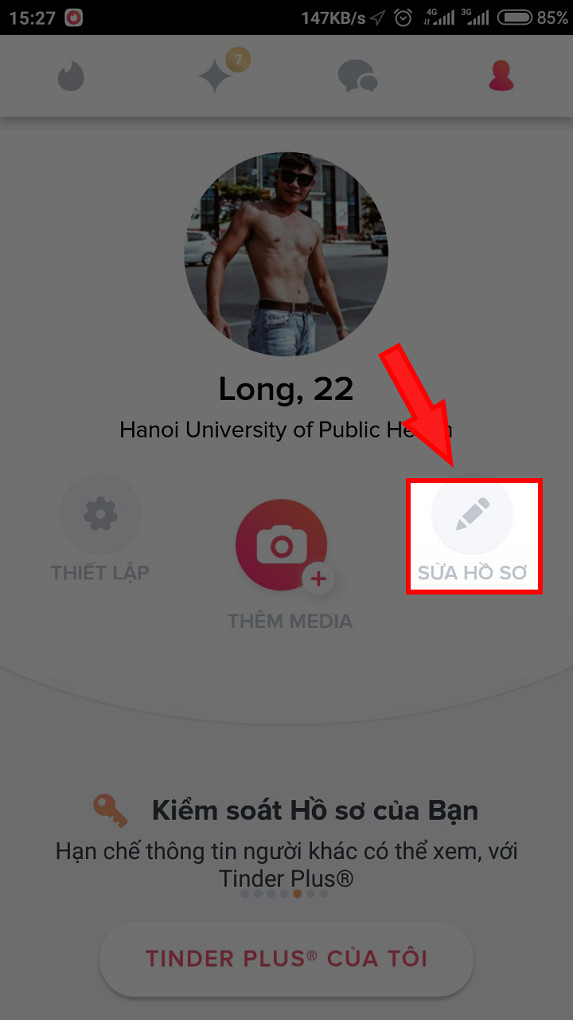 alt text: Chọn Sửa hồ sơ trên Tinder