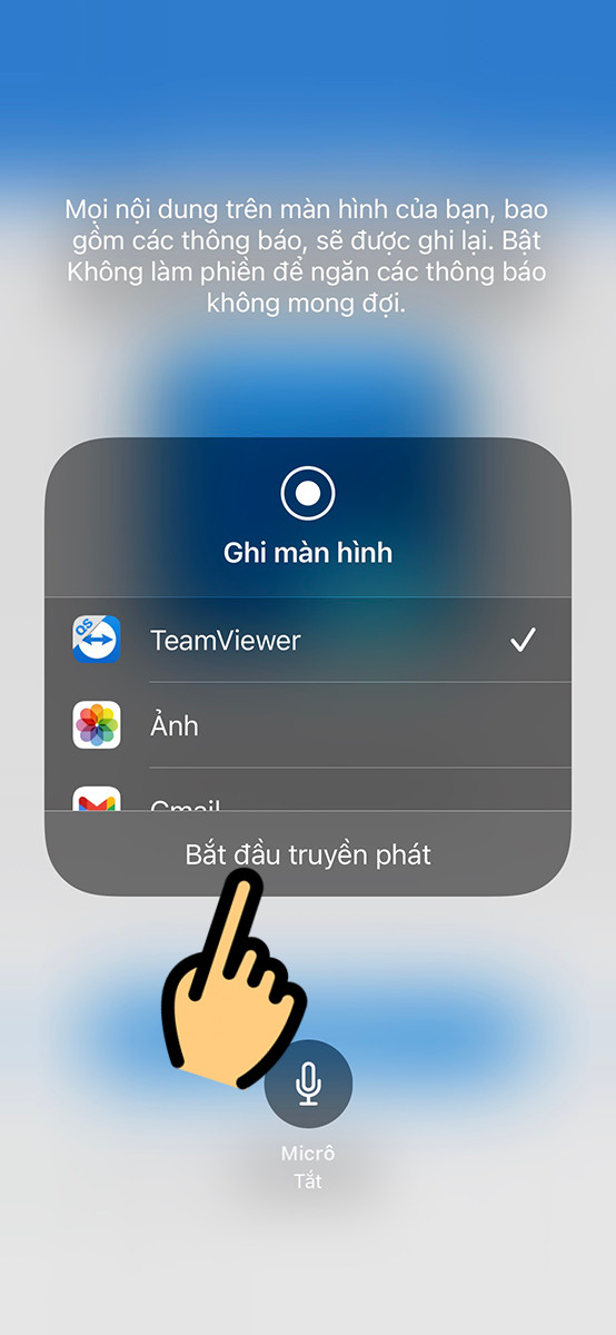 alt text: Chọn TeamViewer và bắt đầu truyền phát màn hình