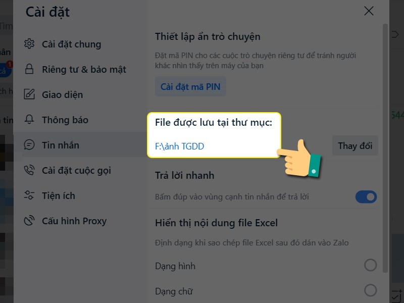 alt text: Chọn thư mục mới để lưu file Zalo