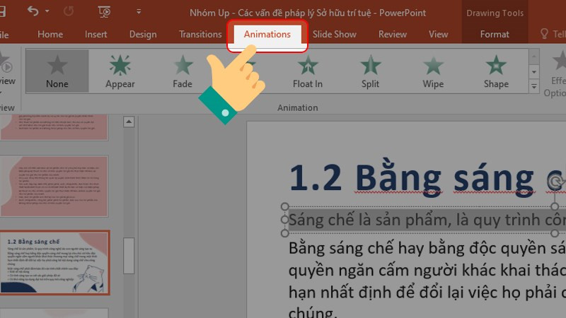 alt text: Chọn văn bản, Nhấn chọn tab Animations