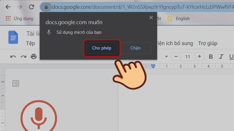 alt text: Cửa sổ yêu cầu cấp quyền truy cập micro cho Google Docs