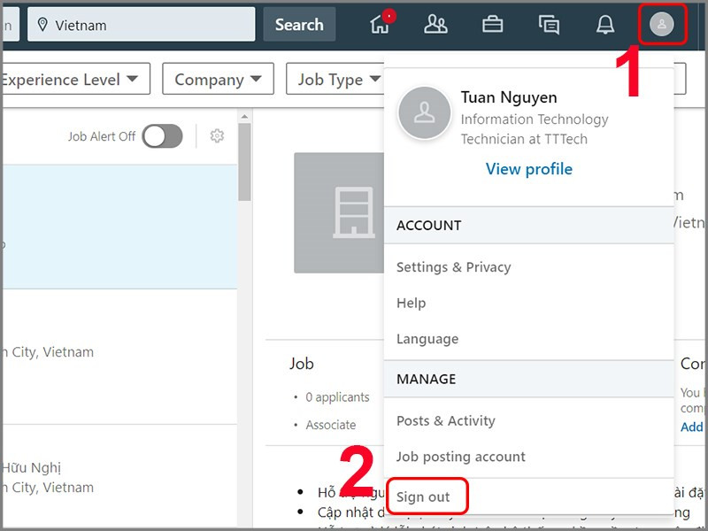 alt text: Đăng xuất tài khoản LinkedIn trên máy tính