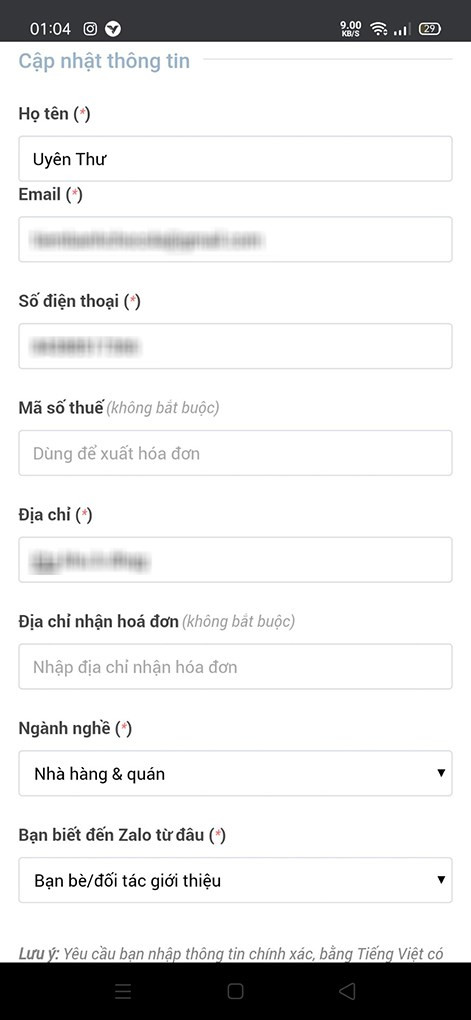 alt text: Điền thông tin cá nhân/doanh nghiệp