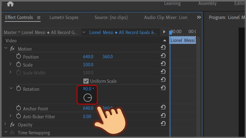 alt text: Điều chỉnh góc xoay video trong Adobe Premiere