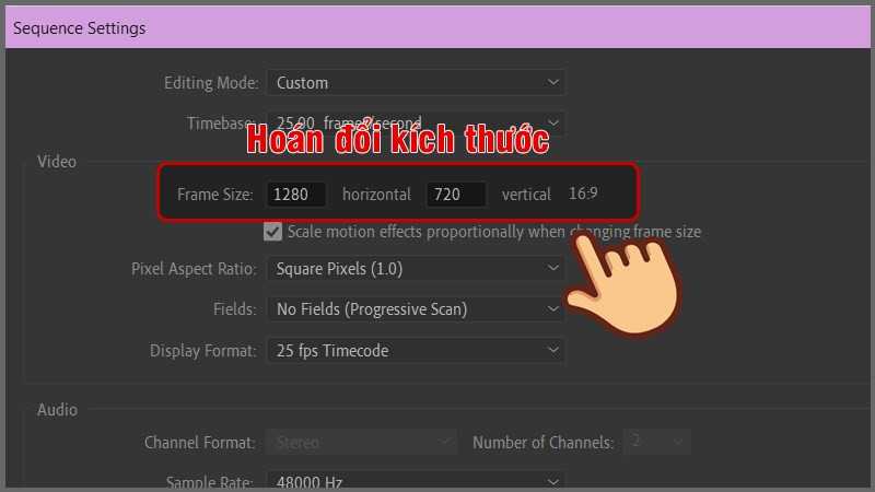 alt text: Điều chỉnh kích thước khung hình video trong Adobe Premiere