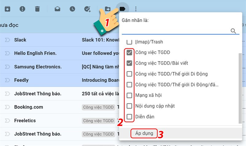 alt text: Gán nhãn cho email đã chọn