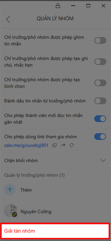 alt text: Giải tán nhóm Zalo trên máy tính