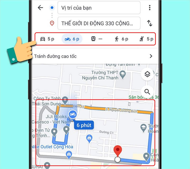 alt text: Giao diện chỉ đường trên Google Maps với các tùy chọn phương tiện di chuyển.