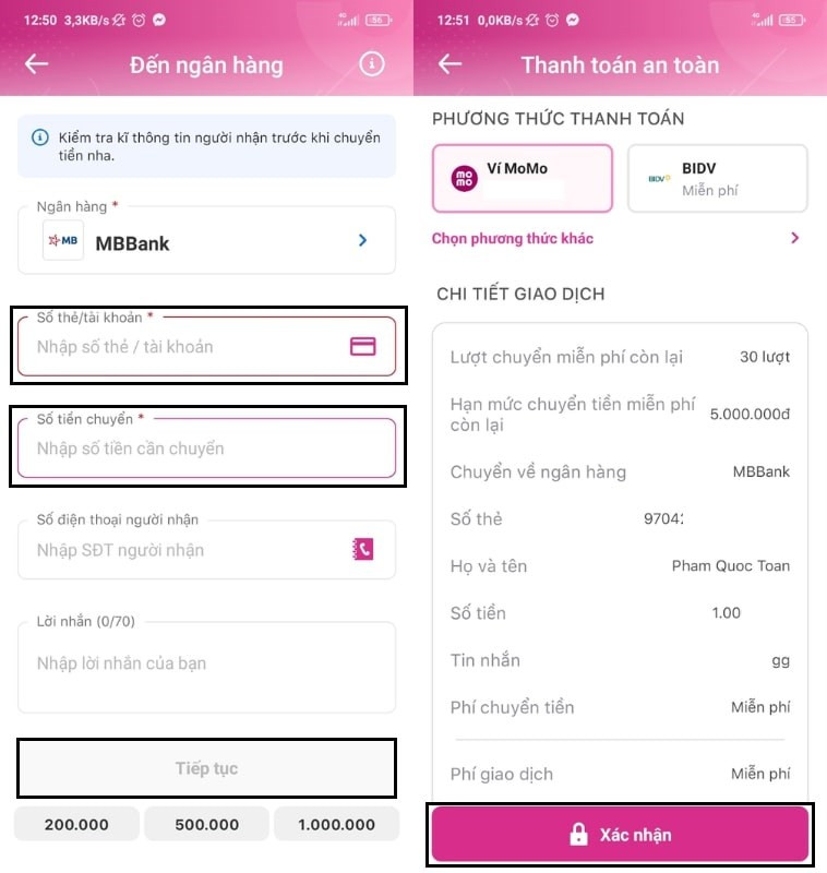 alt text: Giao diện chuyển tiền trên ứng dụng Momo