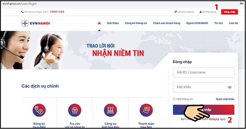 alt text: Giao diện đăng ký trên website EVNHANOI