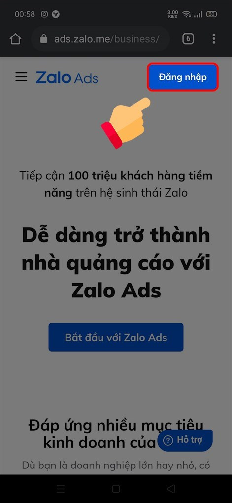 alt text: Giao diện đăng nhập Zalo Ads trên điện thoại