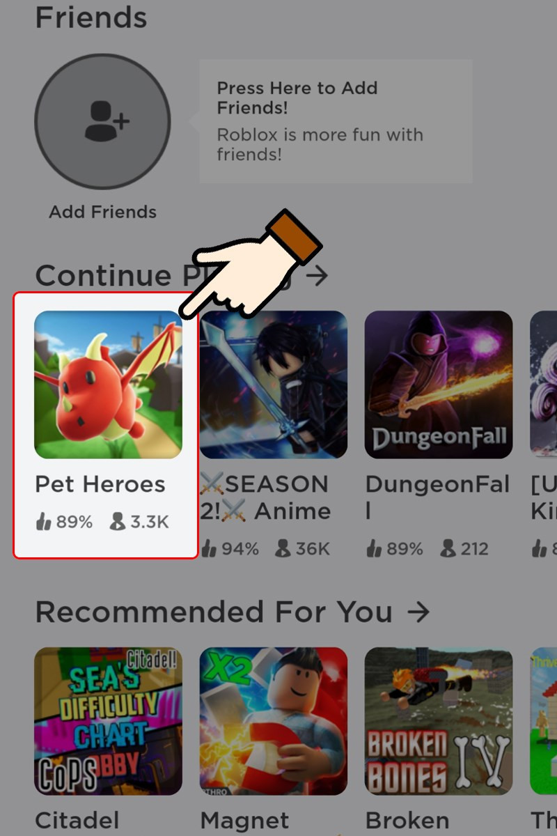 Alt text: Giao diện game Roblox và nút chọn Pet Heroes