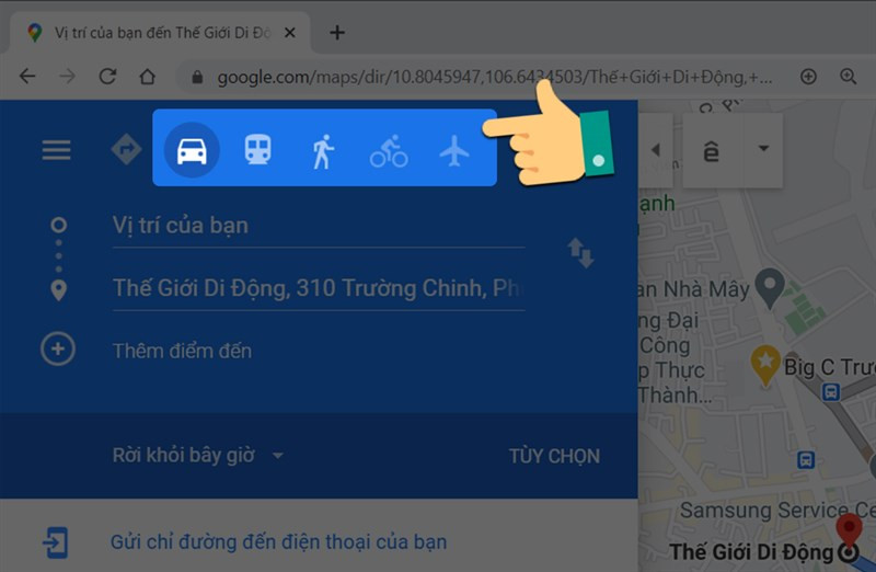 alt text: Giao diện Google Maps trên máy tính hiển thị lộ trình và các tùy chọn.