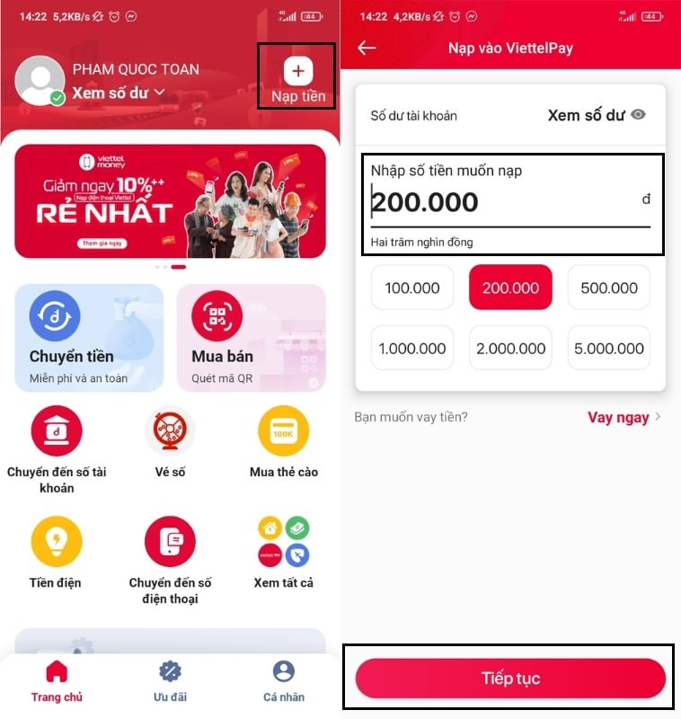 alt text: Giao diện nạp tiền Viettel Money qua Internet Banking