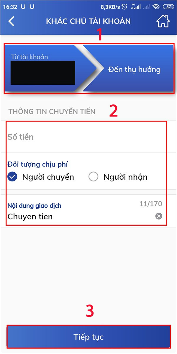 alt text: Giao diện nhập thông tin chuyển tiền khác chủ tài khoản