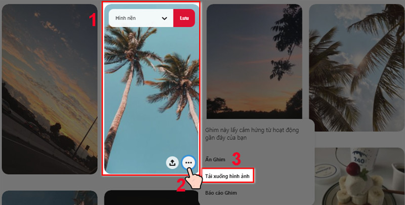 alt text: Giao diện Pinterest trên máy tính với nút ba chấm để tải ảnh