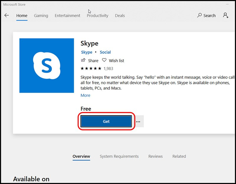 Alt text: Giao diện tải Skype trên Microsoft Store