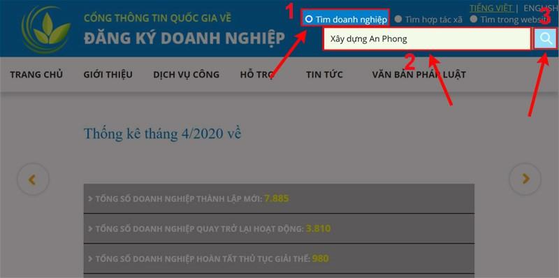 Alt text: Giao diện tìm kiếm doanh nghiệp trên website dangkykinhdoanh.gov.vn