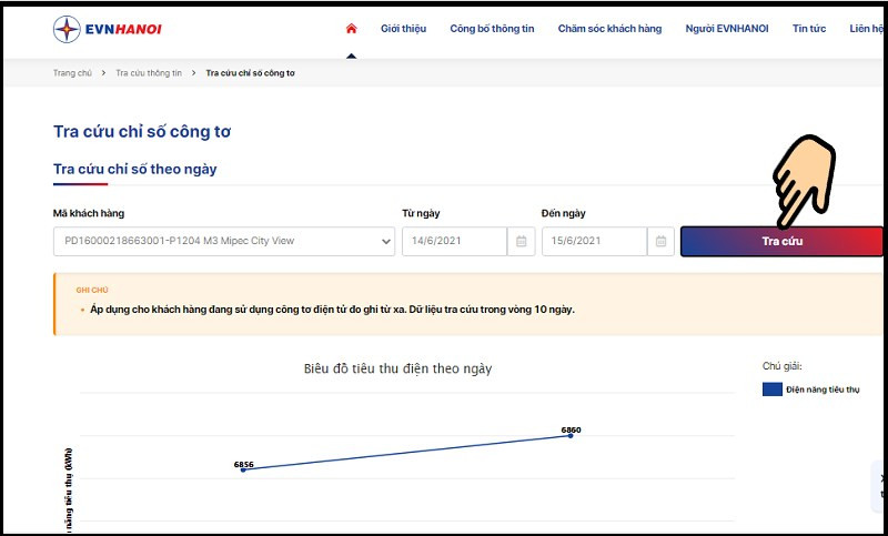 alt text: Giao diện tra cứu chỉ số điện trên website EVNHANOI