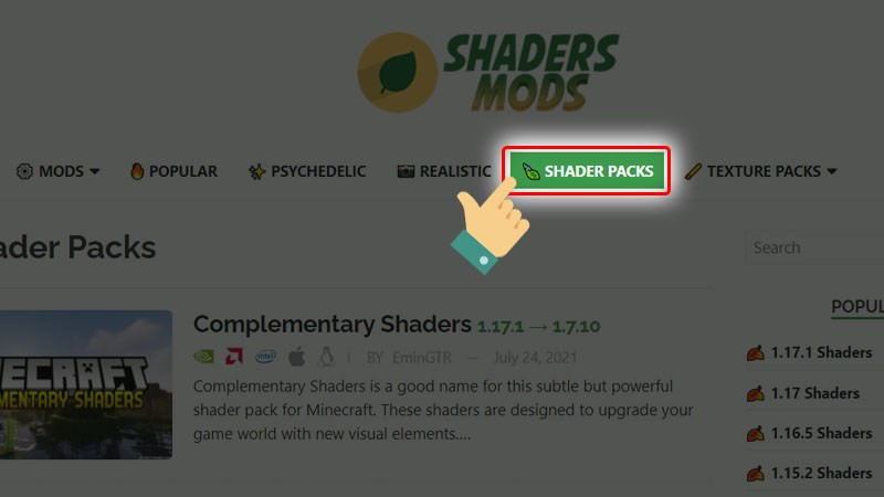 alt text: Giao diện trang web shadersmods.com để tải Shader Mod