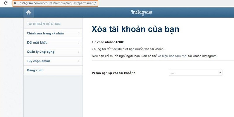 alt text: Giao diện trang yêu cầu xóa tài khoản Instagram