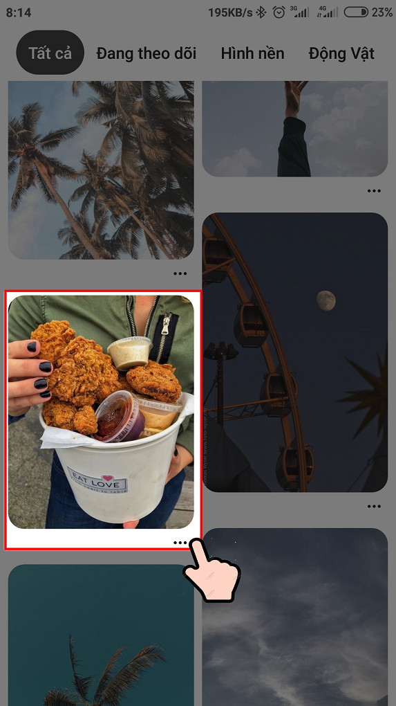 alt text: Giao diện ứng dụng Pinterest trên điện thoại với nút ba chấm để tải ảnh