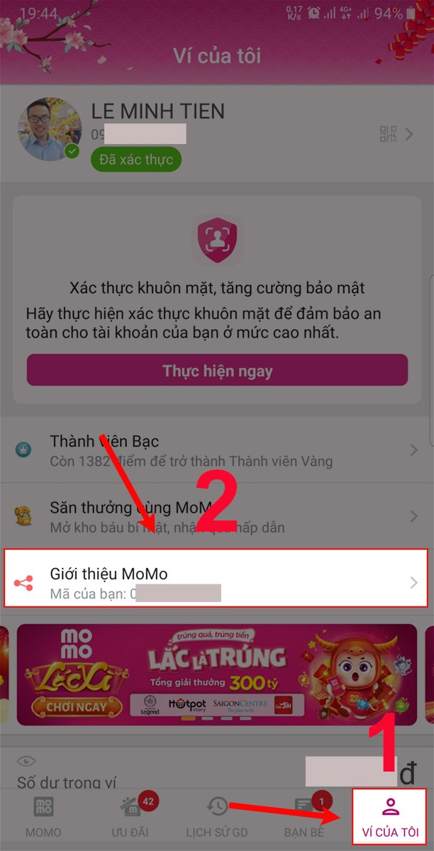 alt text: Giao diện ví MoMo trên điện thoại