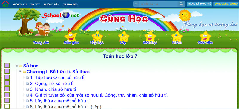 alt text: Giao diện website cunghoc.vn với các bài học Toán lớp 7