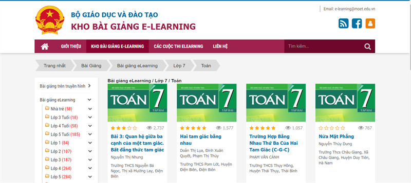 alt text: Giao diện website Elearning.moet.vn với các bài học Toán lớp 7