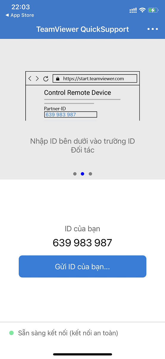 alt text: Hiển thị ID TeamViewer trên ứng dụng QuickSupport