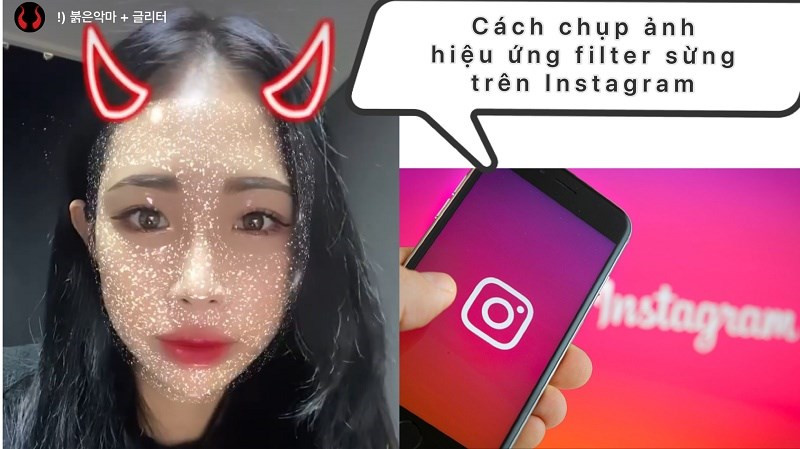 alt text: Hình ảnh chụp màn hình điện thoại hiển thị giao diện camera của Instagram với hiệu ứng sừng đỏ được áp dụng.