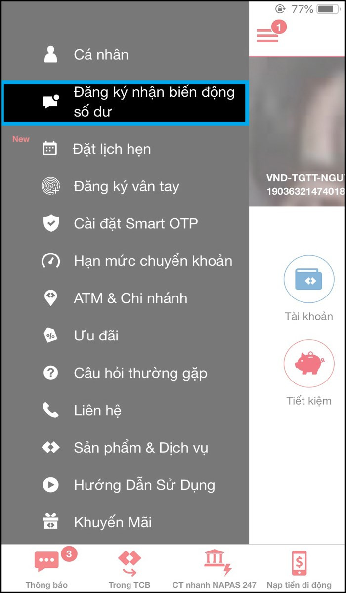 alt text: Hình ảnh giao diện chọn đăng ký nhận biến động số dư trên ứng dụng Techcombank Mobile