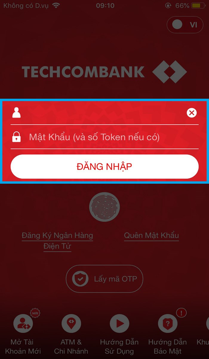 alt text: Hình ảnh giao diện đăng nhập ứng dụng Techcombank Mobile