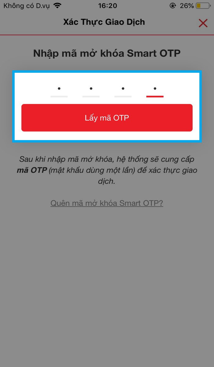 alt text: Hình ảnh giao diện nhập mã OTP xác nhận đăng ký SMS Banking