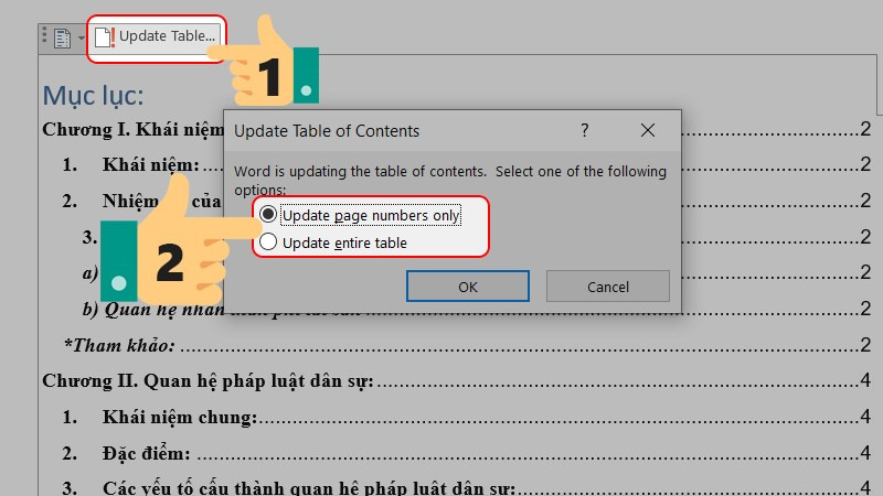 alt text: Hình ảnh minh họa cách cập nhật mục lục trong Word