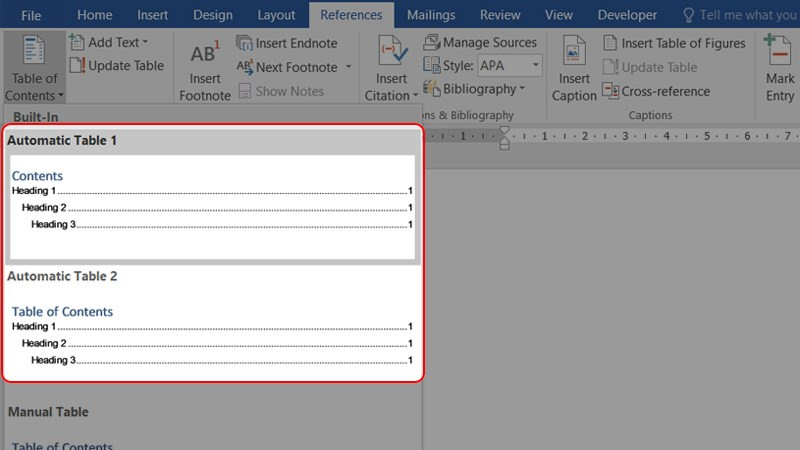alt text: Hình ảnh minh họa cách chọn kiểu mục lục tự động trong Word