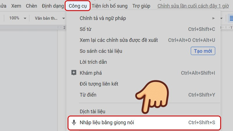 alt text: Hướng dẫn chọn tính năng nhập liệu bằng giọng nói trong Google Docs