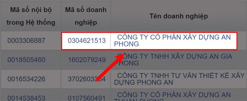 Alt text: Kết quả tìm kiếm doanh nghiệp