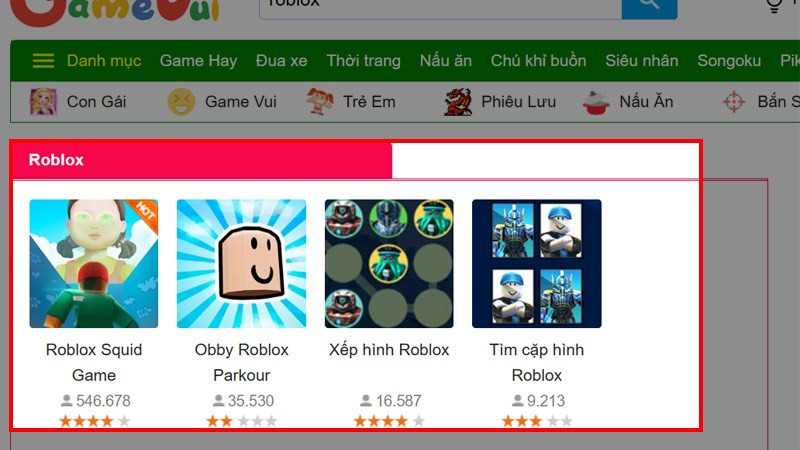 alt text: Lựa chọn game Roblox trên Gamevui