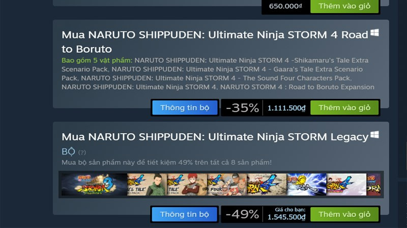 alt text: Lựa chọn gói dịch vụ Naruto Storm 4 trên Steam