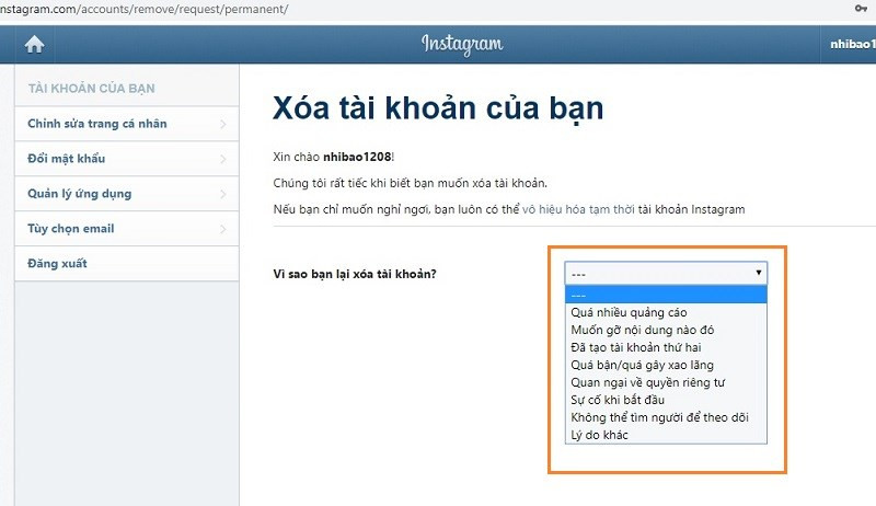 alt text: Lựa chọn lý do xóa tài khoản Instagram