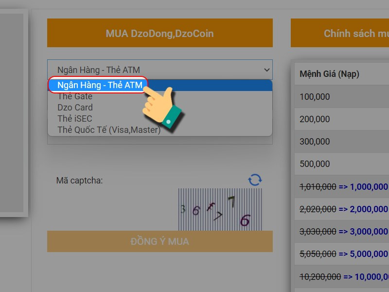 alt text: Lựa chọn phương thức thanh toán nạp DZO DONG